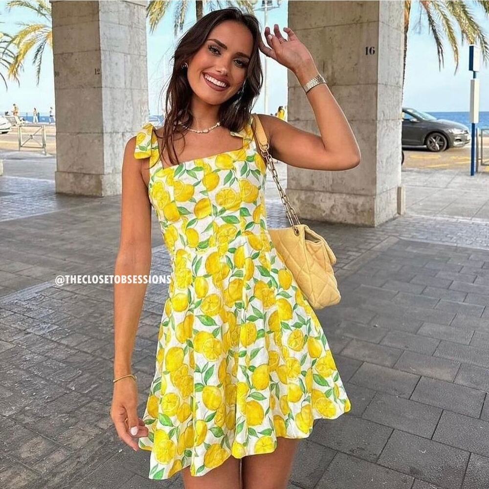 ZARA Lemon Print Linen Blend Mini Dress NWT Amalfi Coast Vacation Dress M